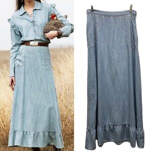 DOUBLE D RANCH Homesick Blues Chambray Peplum Hem Boho Maxi Skirt Sz 10